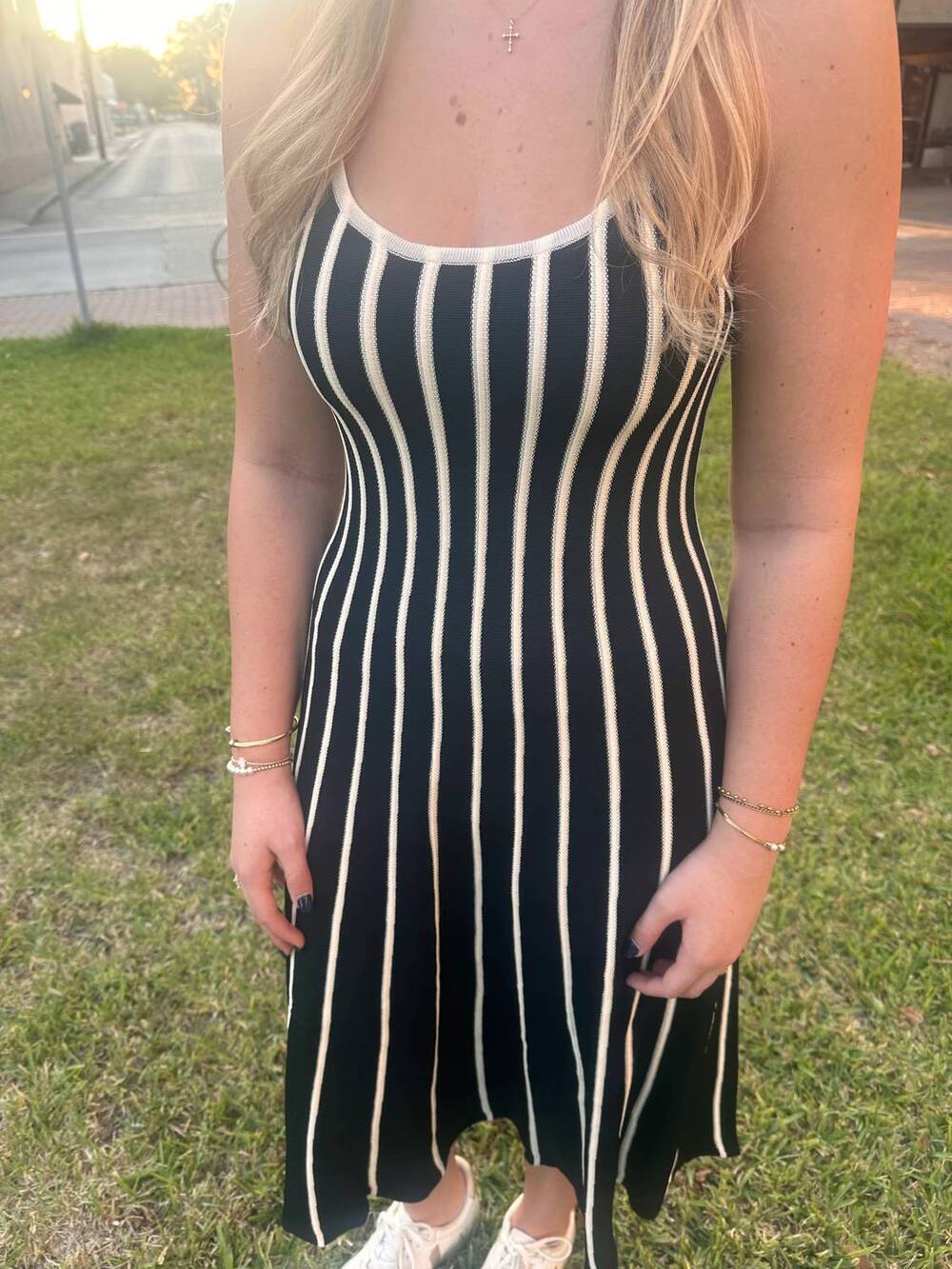 NEW OLIVACEOUS striped midi dress in black/ white